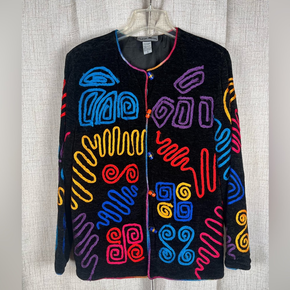INDIGO MOON Jacket Black Embroidered Colorful Art to Wear Size Small Vintage